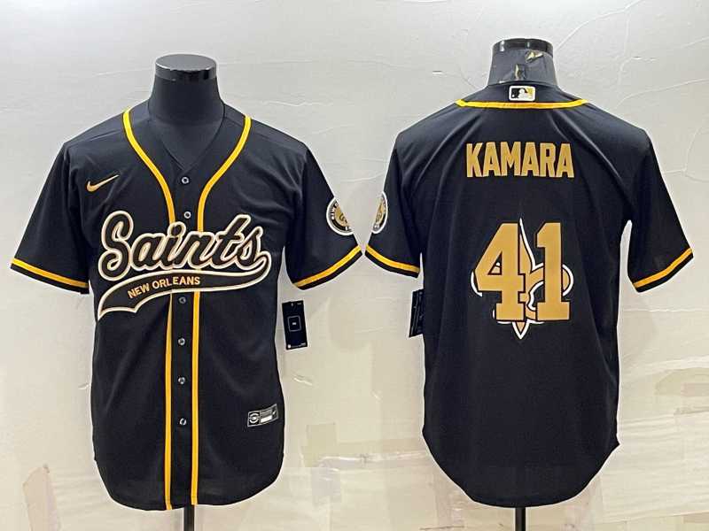 Mens New Orleans Saints #41 Alvin Kamara Black Team Big Logo With Patch Cool Base Stitched Baseball Jersey->new orleans saints->NFL Jersey